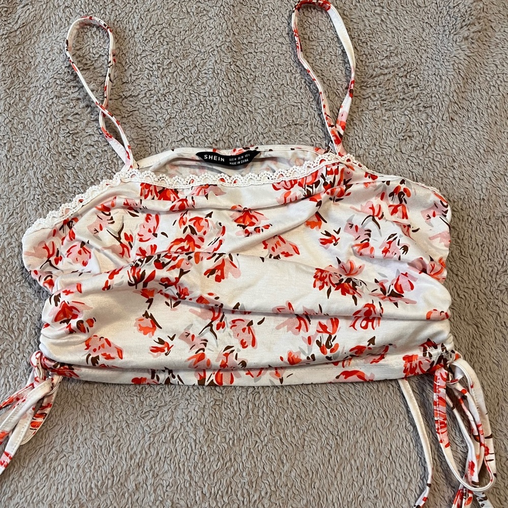 Shein medium floral crop tank with drawstrings scrunch on the sides